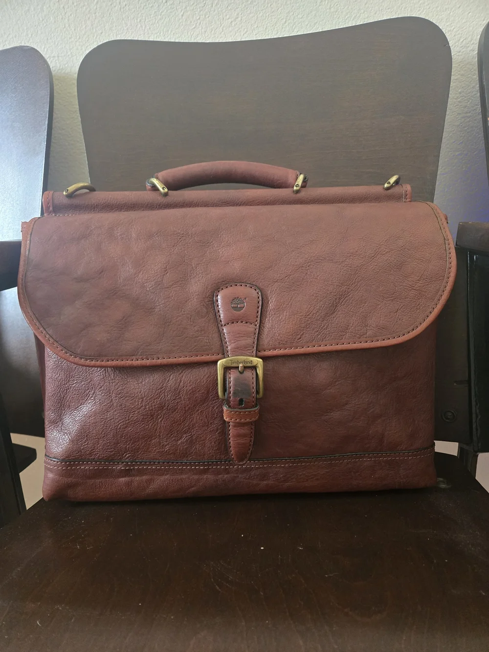 Vintage Timberland Chestnut Brown Leather Briefcase with Brass Buckle